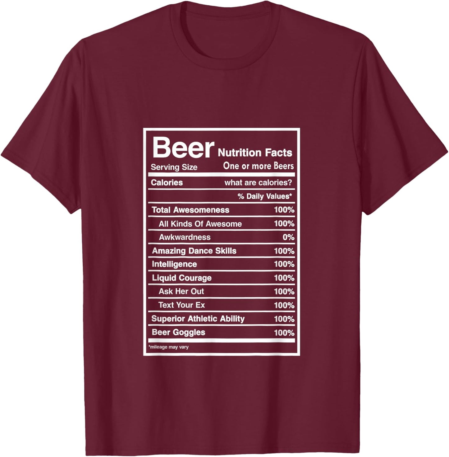Beer Nutrition Fact Men Women Gift Funny Drinking T-Shirt - T-Shirt | Maroon