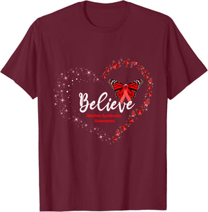Butterfly Heart Believe Red Ribbon Marfan Syndrome Awareness T-Shirt - T-Shirt | Maroon