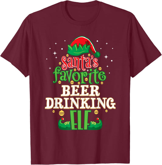 Santa's Favorite Beer Drinking Elf Christmas Matching T-Shirt - T-Shirt | Maroon