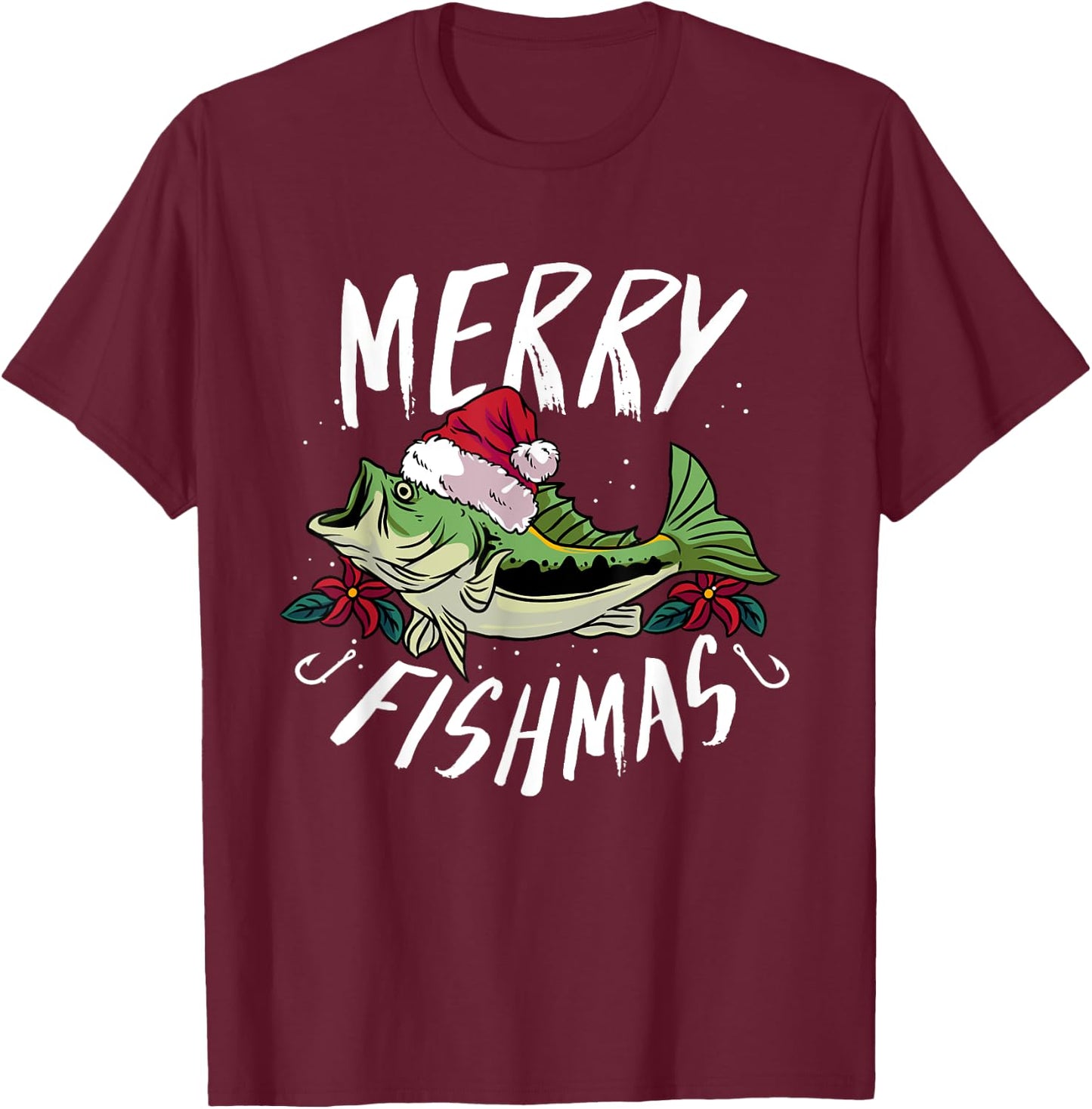 Funny Christmas Themed Bass Fishing design - Merry Fishmas T-Shirt - T-Shirt | Maroon