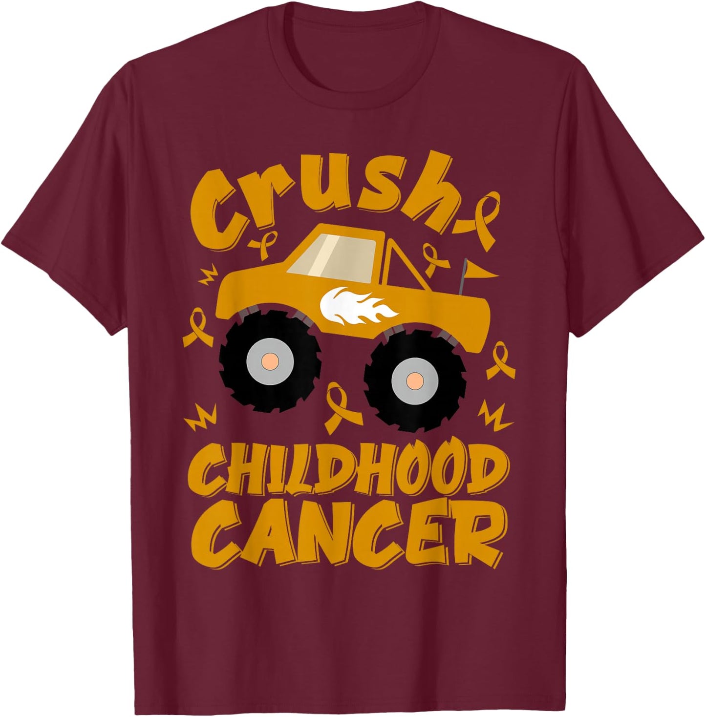 Crush Childhood Cancer Awareness Monster Truck & Gold Ribbon T-Shirt - T-Shirt | Maroon