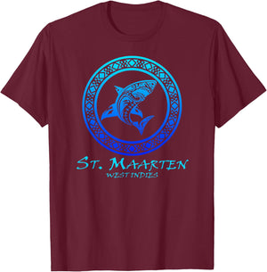 St. Maarten, West Indies Vintage Tribal Shark Vacation T-Shirt - T-Shirt | Maroon