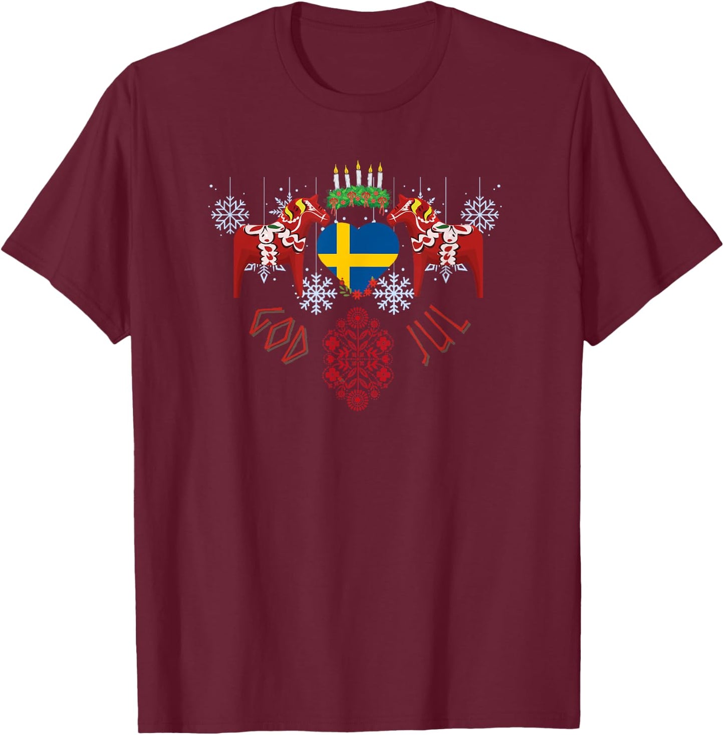 God Jol Sweden flag Swedish dala horse Christmas Santa Lucia T-Shirt - T-Shirt | Maroon