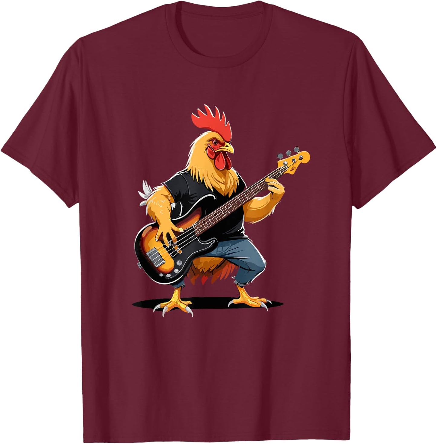 Chicken playing Bass Guitar, Chicken Guitarist T-Shirt - T-Shirt | Maroon