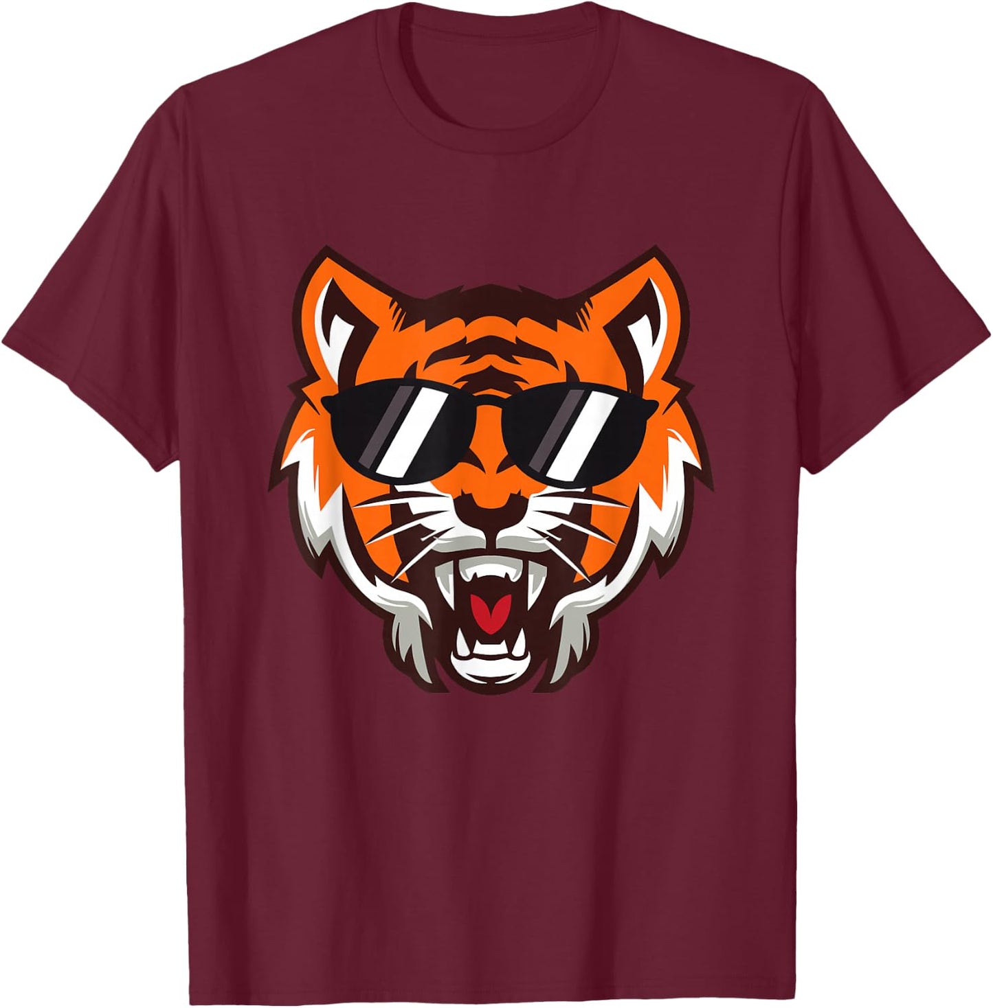 Cool Growling Mouth Open Bengal Tiger with Sunglasses T-Shirt - T-Shirt | Maroon