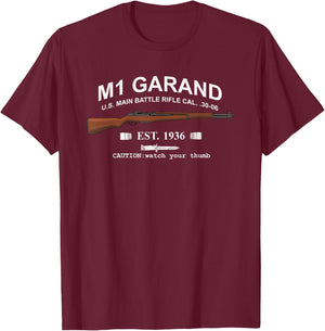 M1 Garand Rifle Gun WWII Watch Your Thumb EST 1936 Graphic T-Shirt - T-Shirt | Maroon