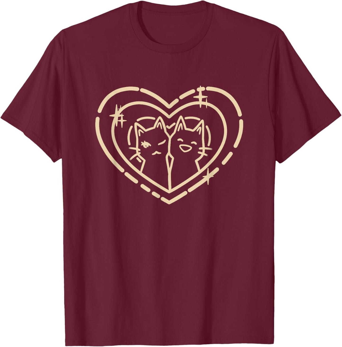 Cute Kawaii Y2K Coquette Heart with Cats T-Shirt - T-Shirt | Maroon
