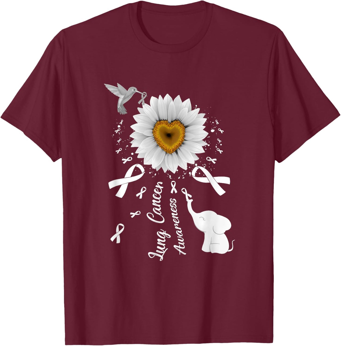 Sunflower Hummingbird Elephant Lung Cancer Awareness T-Shirt - T-Shirt | Maroon