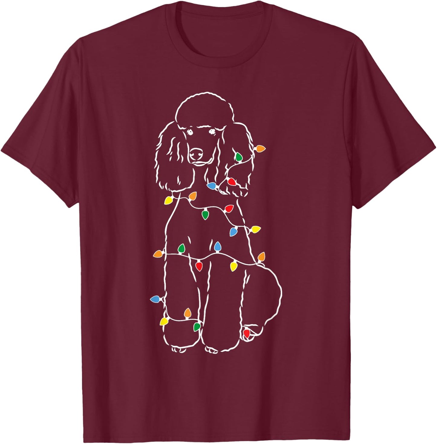 Funny Poodle Christmas Shirt - Cute Poodle With Christmas Lights - Adults - Black - Short Sleeve T-Shirt - T-Shirt | Maroon