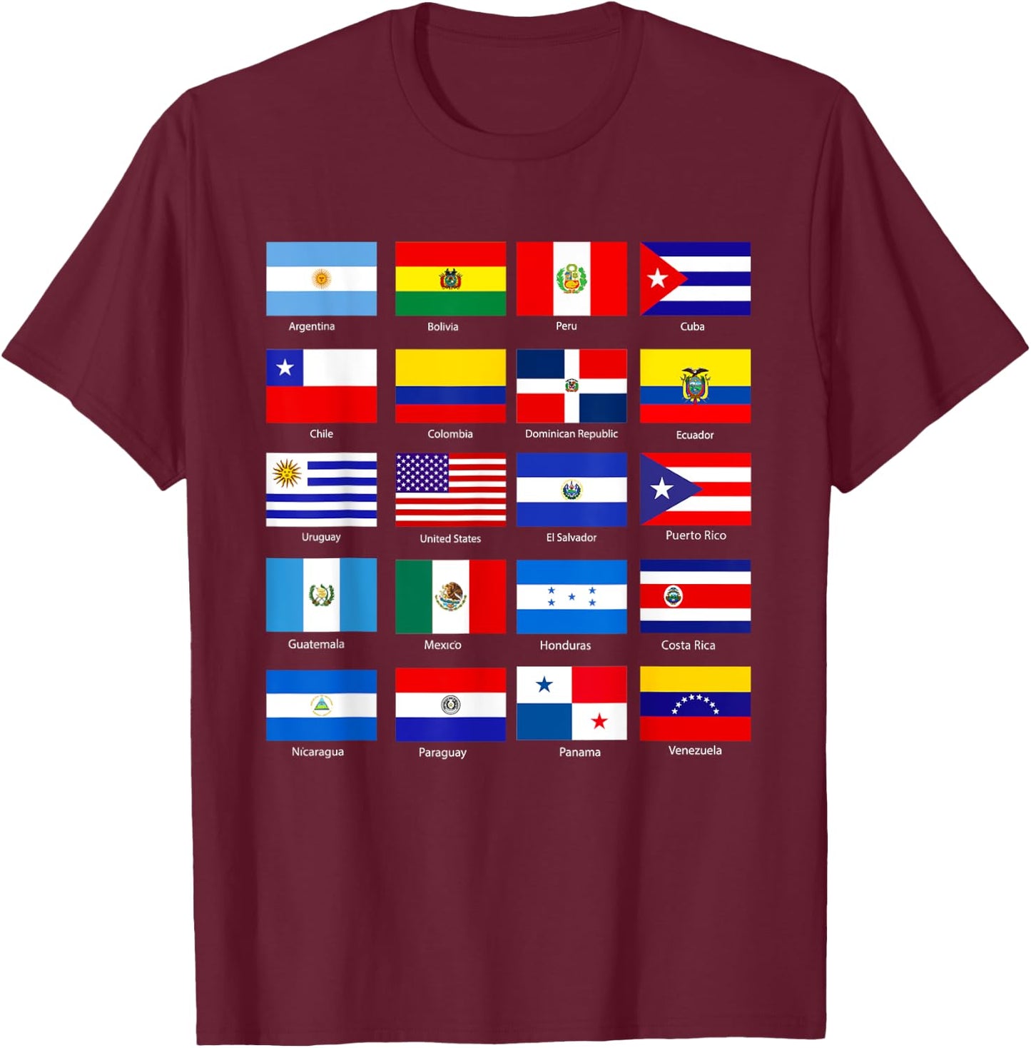 Hispanic Heritage Month 2022 National Latino Countries Flag T-Shirt - T-Shirt | Maroon