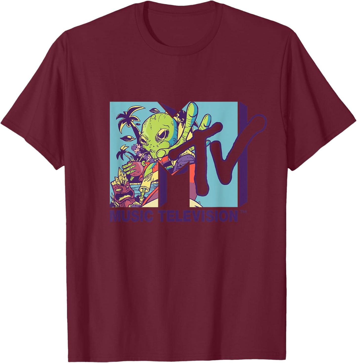 Mademark x MTV - The official MTV Logo with an alien drinking milk of coconut T-Shirt - T-Shirt | Maroon