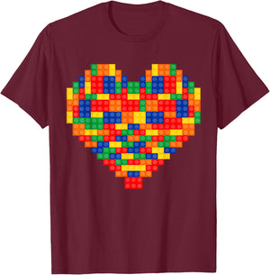 Heart Valentines Day Master Builder Block Brick Building T-Shirt - T-Shirt | Maroon