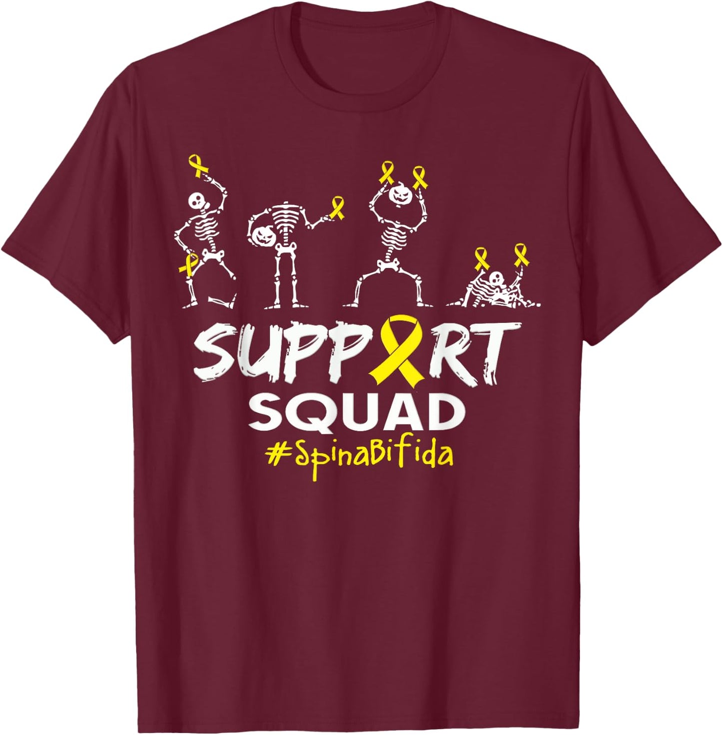 Spina Bifida Awareness Skeleton Support Squad Halloween T-Shirt - T-Shirt | Maroon