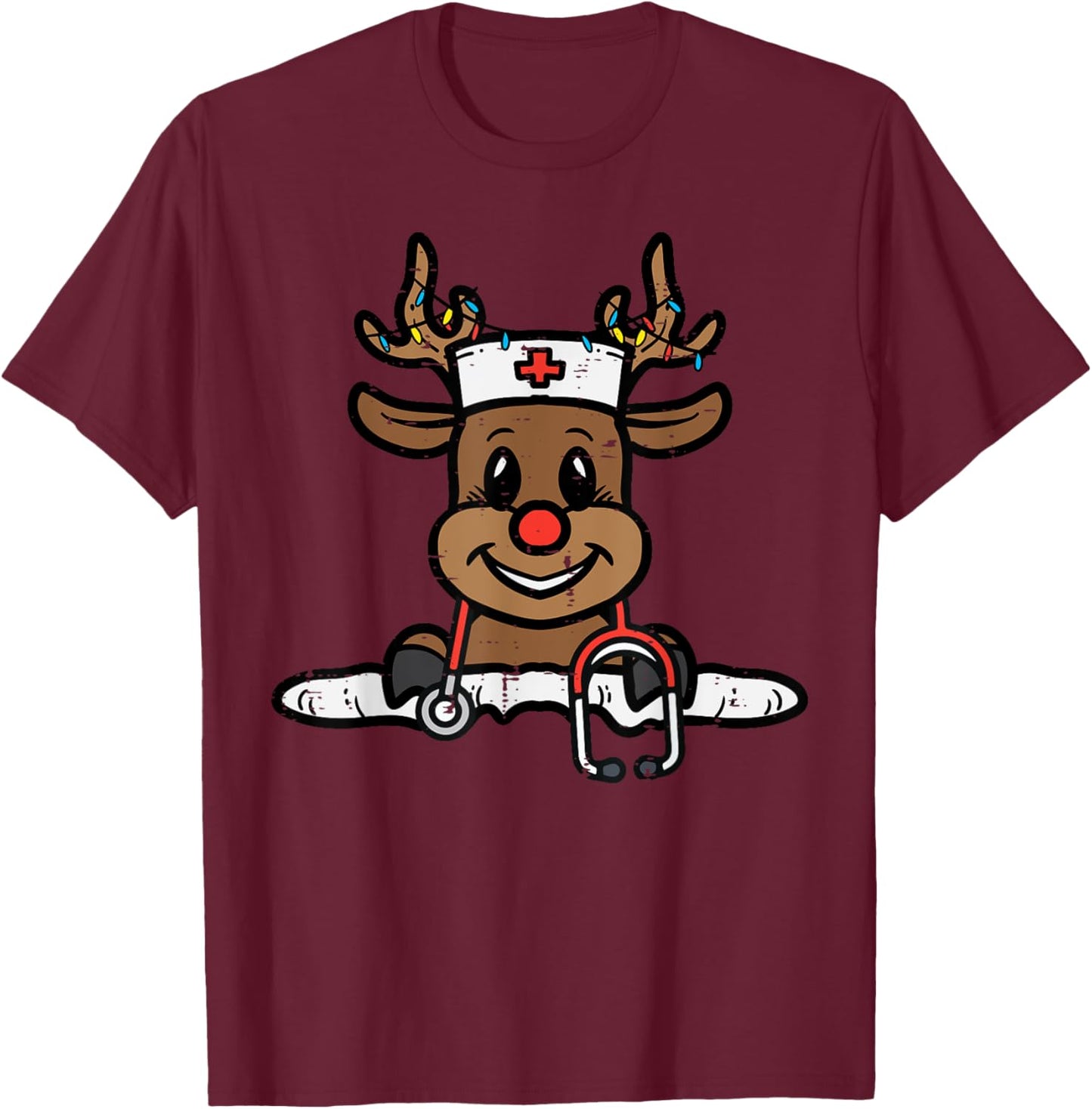 Christmas Nurse Reindeer Xmas Scrub Top Men Women RN ICU ER T-Shirt - T-Shirt | Maroon