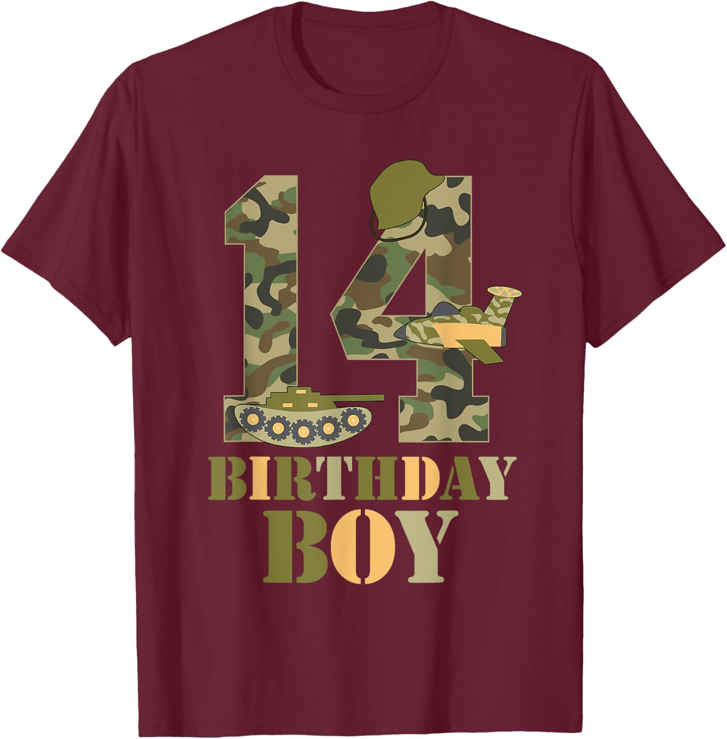 14th Birthday Military Themed Camo Boys 14 Years Old Soldier T-Shirt - T-Shirt | Maroon