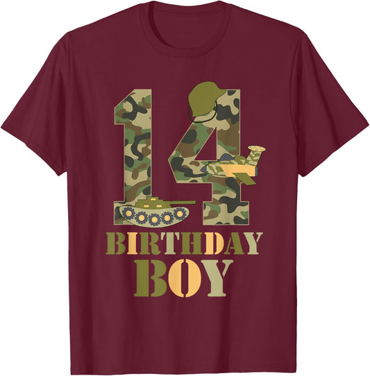 14th Birthday Military Themed Camo Boys 14 Years Old Soldier T-Shirt - T-Shirt | Maroon