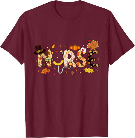 Nurse Thanksgiving Health Worker Nurse Nursing Fall Turkey T-Shirt - T-Shirt | Maroon