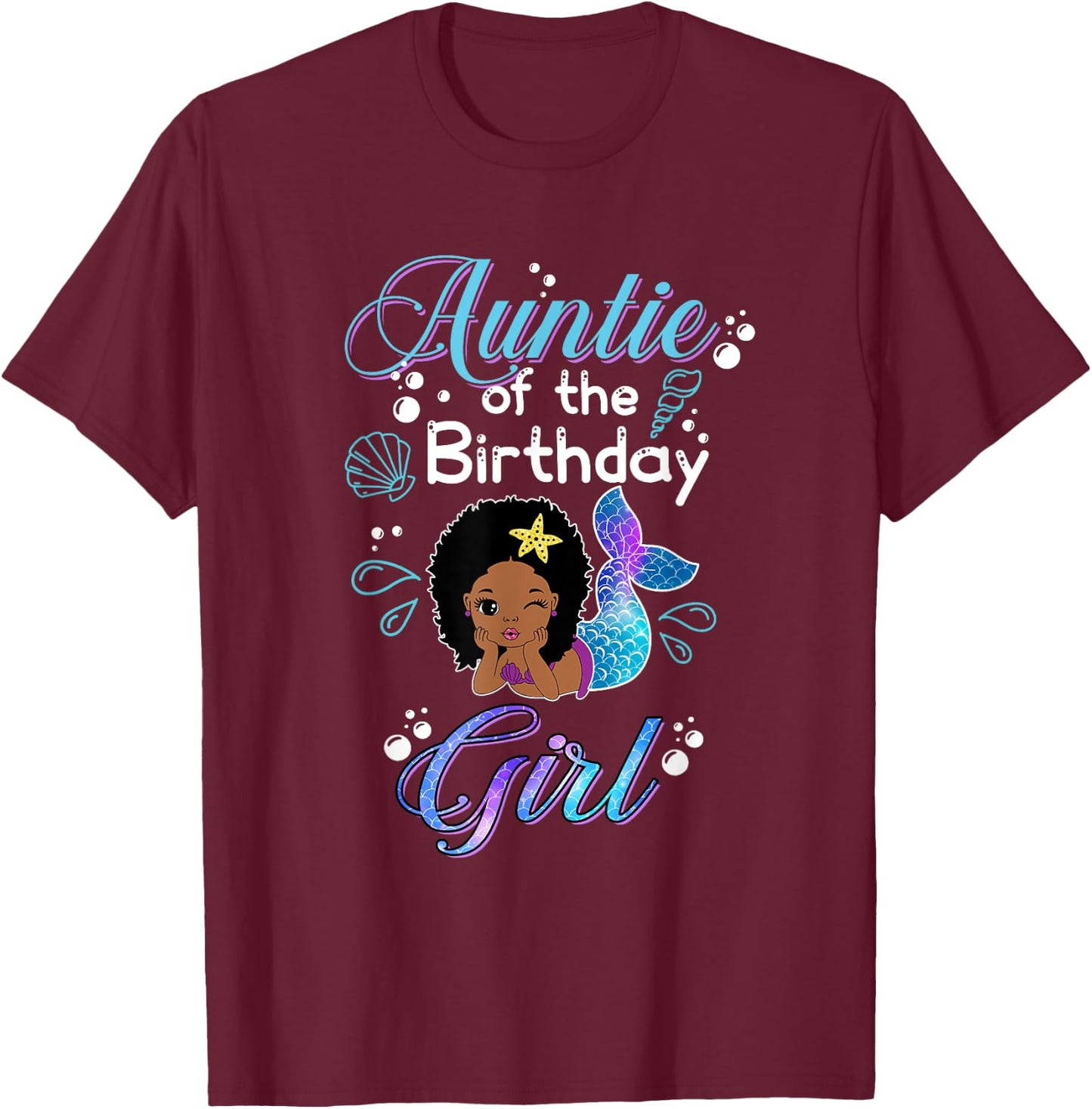 Auntie Of The Birthday Mermaid African American Kids Women T-Shirt - T-Shirt | Maroon