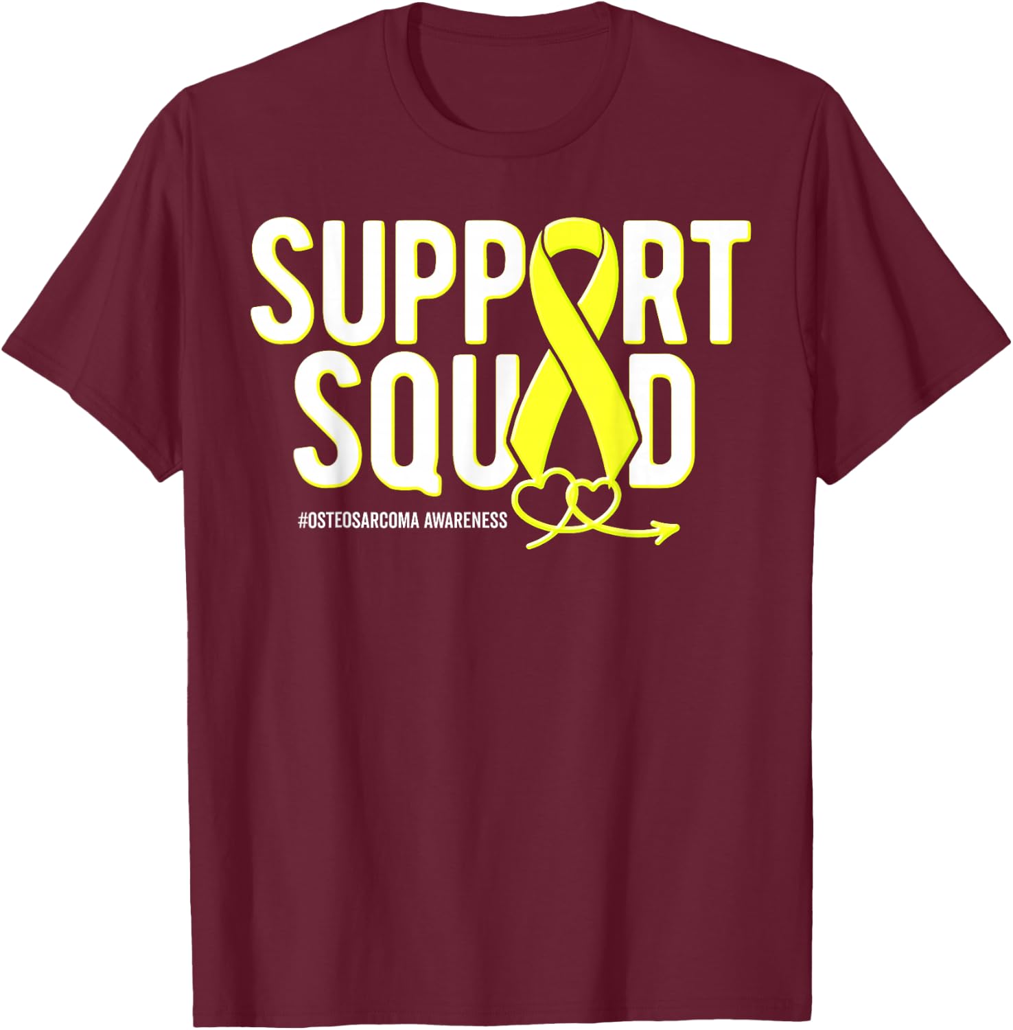Support Squad Osteosarcoma Awareness Yellow Ribbon Heart T-Shirt - T-Shirt | Maroon
