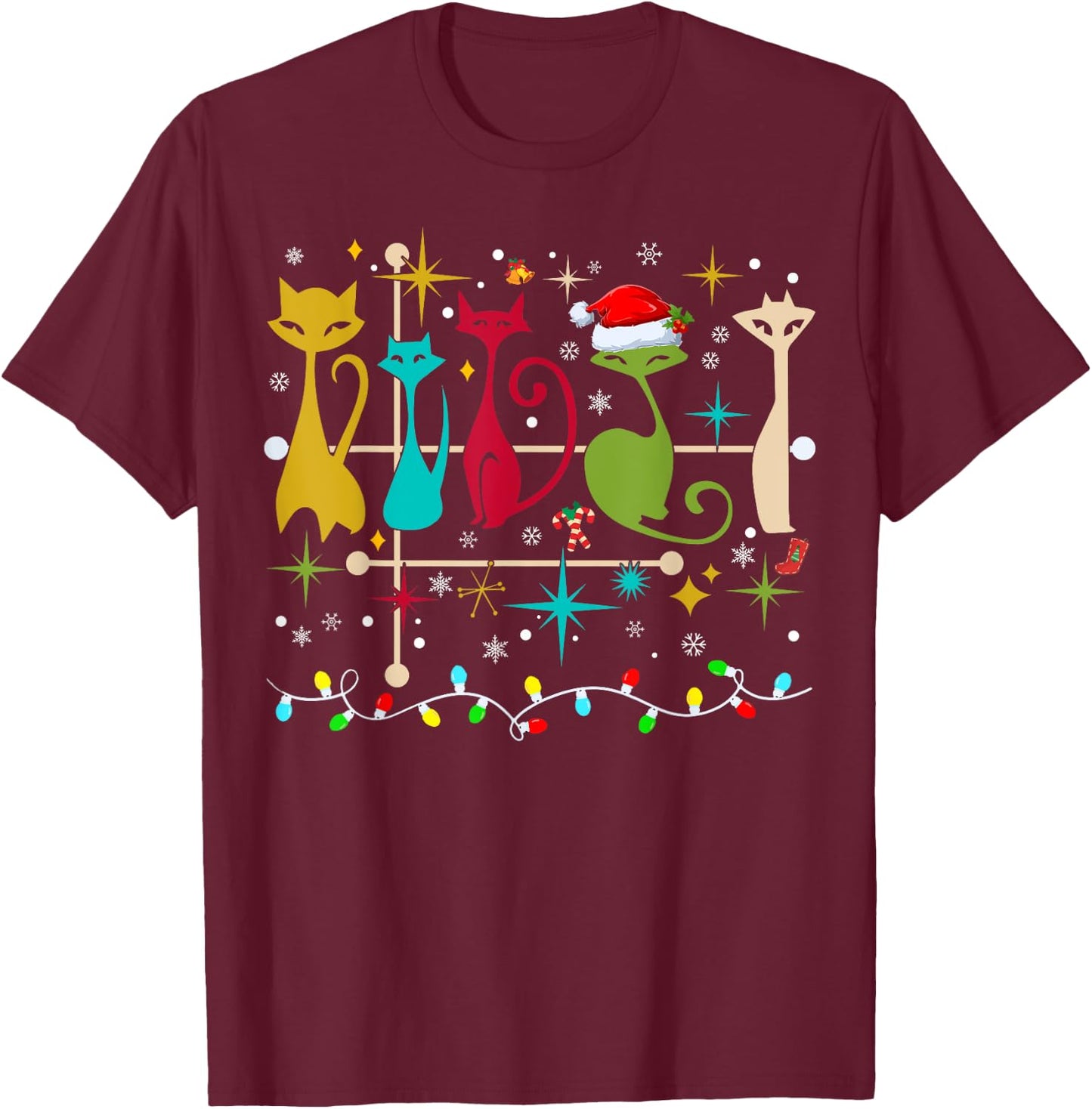Mid Century Modern Look Cats Christmas Retro 50s 60s Xmas T-Shirt - T-Shirt | Maroon