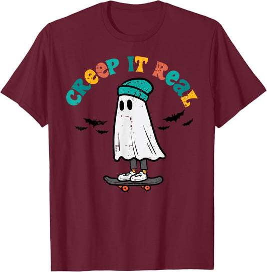 Ghost Skateboard Creep It Real Retro Halloween Skater Boys T-Shirt - T-Shirt | Maroon