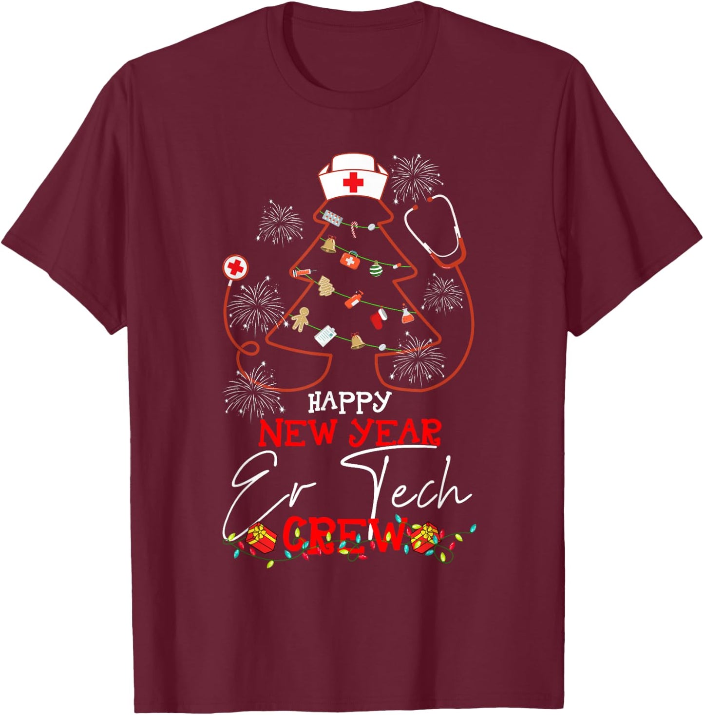 Happy New Year ER Tech Crew Reindeer Nurse Christmas T-Shirt - T-Shirt | Maroon