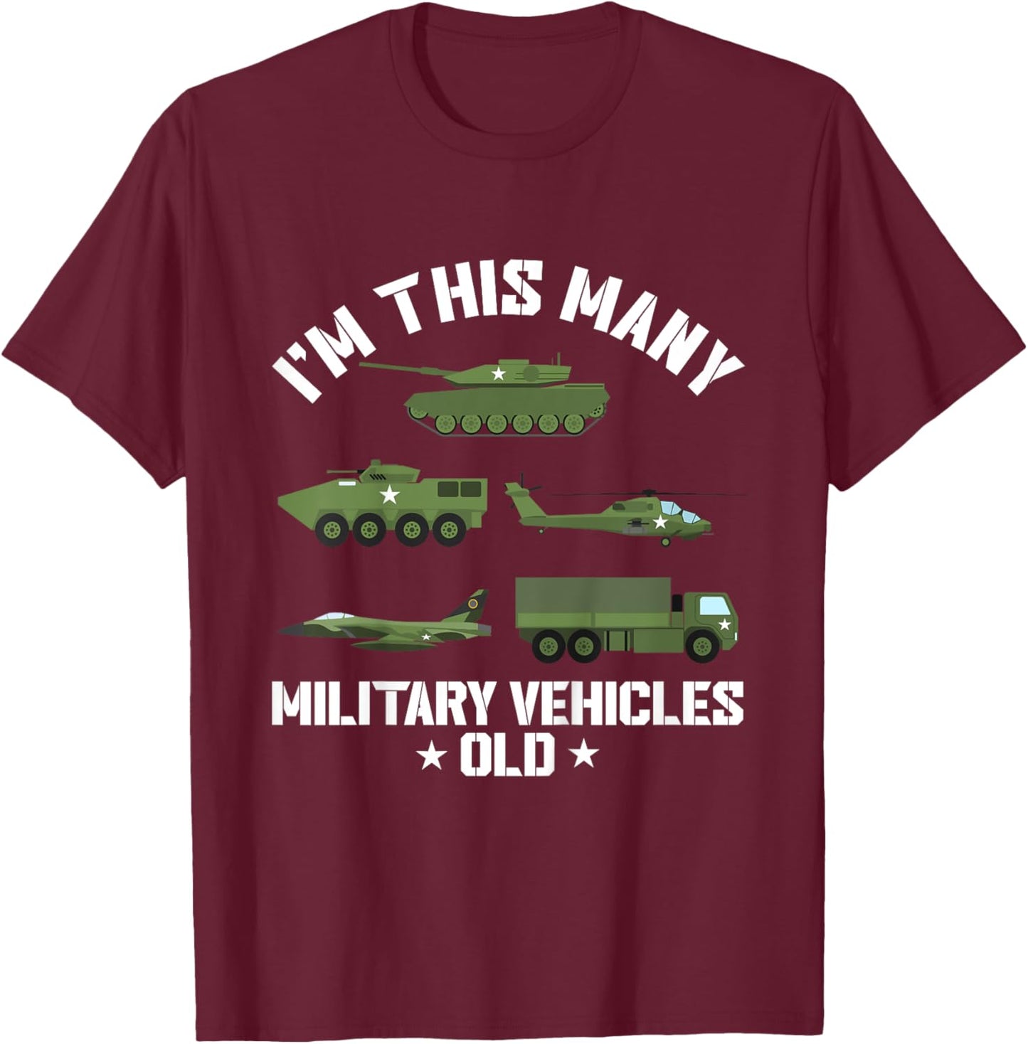 Kids 5 Year Old Boy Military Vehicles Army 5th Birthday Kids T-Shirt - T-Shirt | Maroon