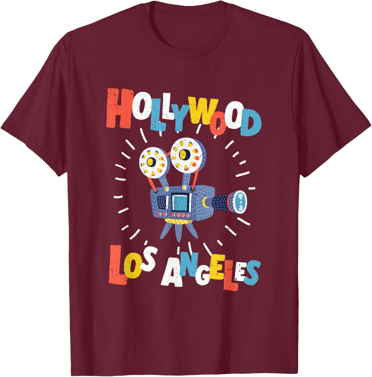 Colorful Los Angeles California Retro Cinema Cartoon Camera T-Shirt - T-Shirt | Maroon