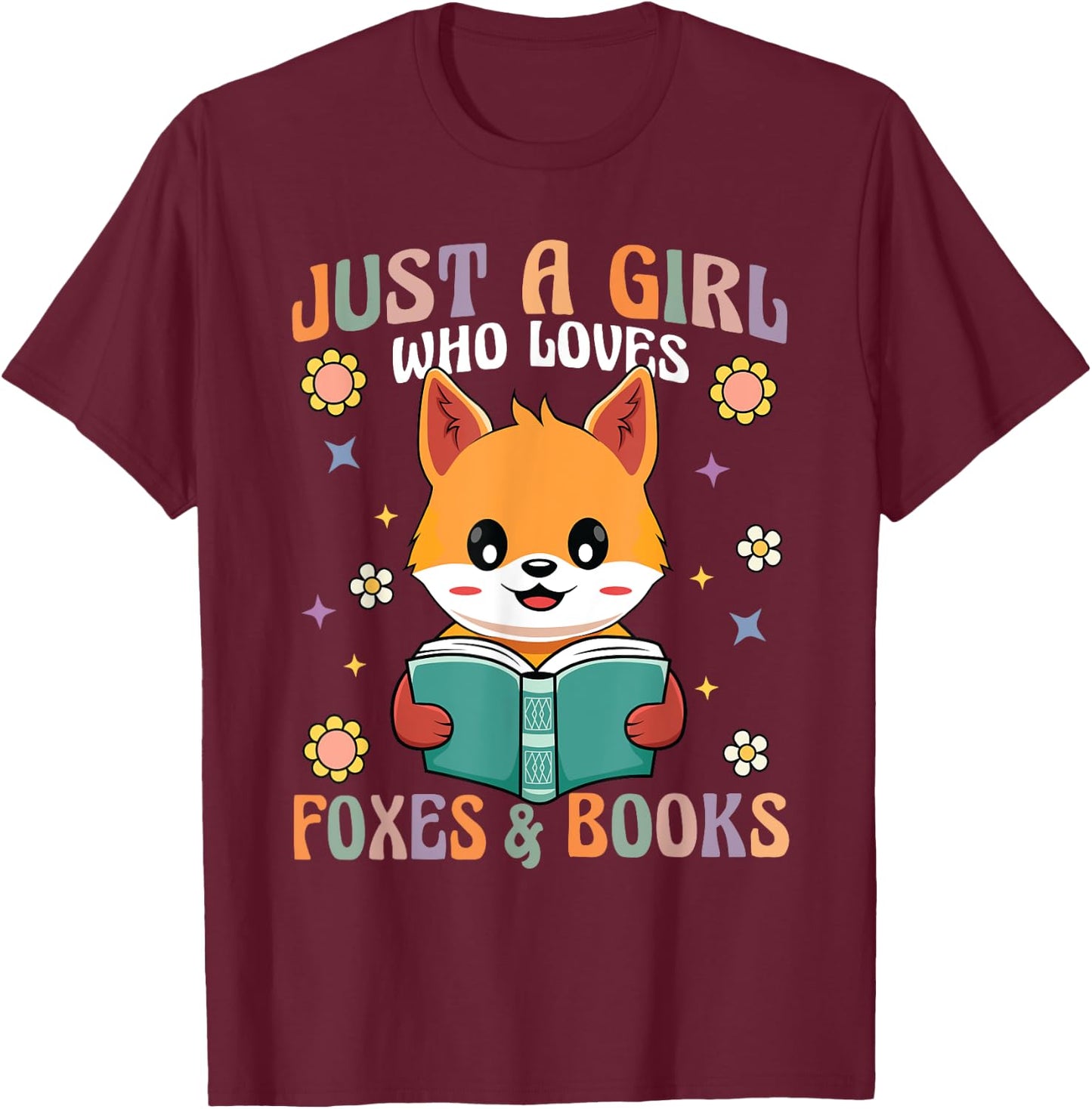 Retro Groovy Just A Girl Who Loves Foxes And Books Funny T-Shirt - T-Shirt | Maroon