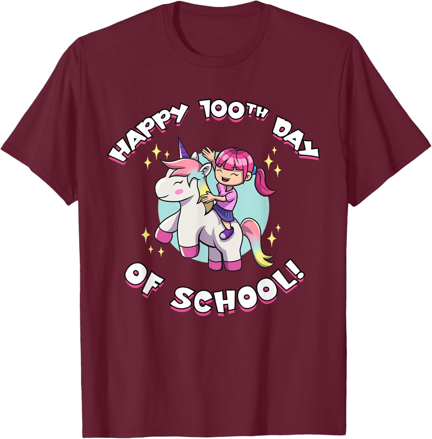 Happy 100th Day of School Girl Riding Unicorn T-Shirt - T-Shirt | Maroon