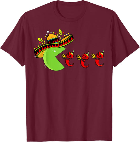 Fun Mexican Sombrero Eating Hot Pepper Skulls Cinco de Mayo T-Shirt - T-Shirt | Maroon