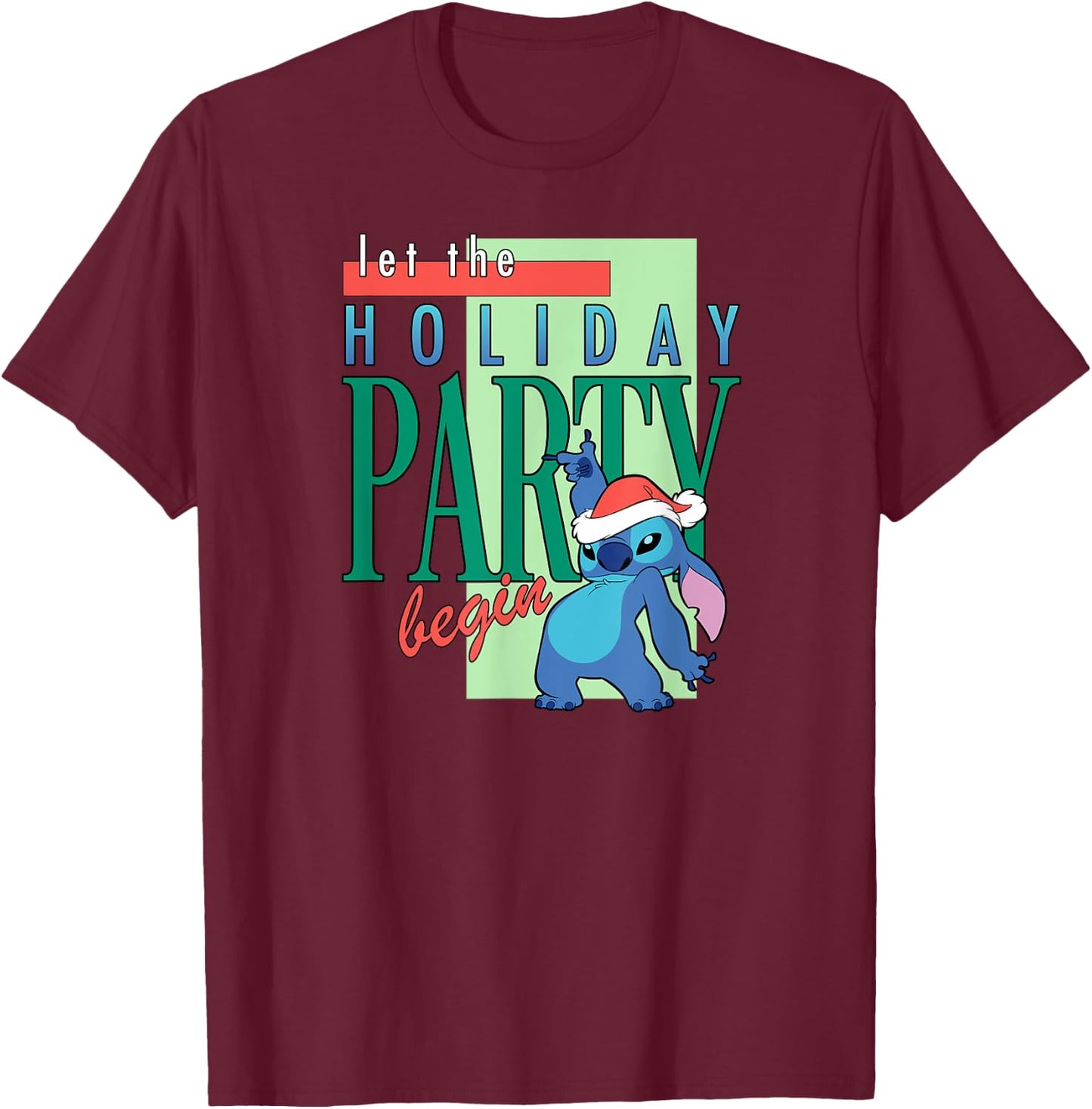 Amazon Essentials Stitch Santa Let The Holiday Party Begin T-Shirt - T-Shirt | Maroon