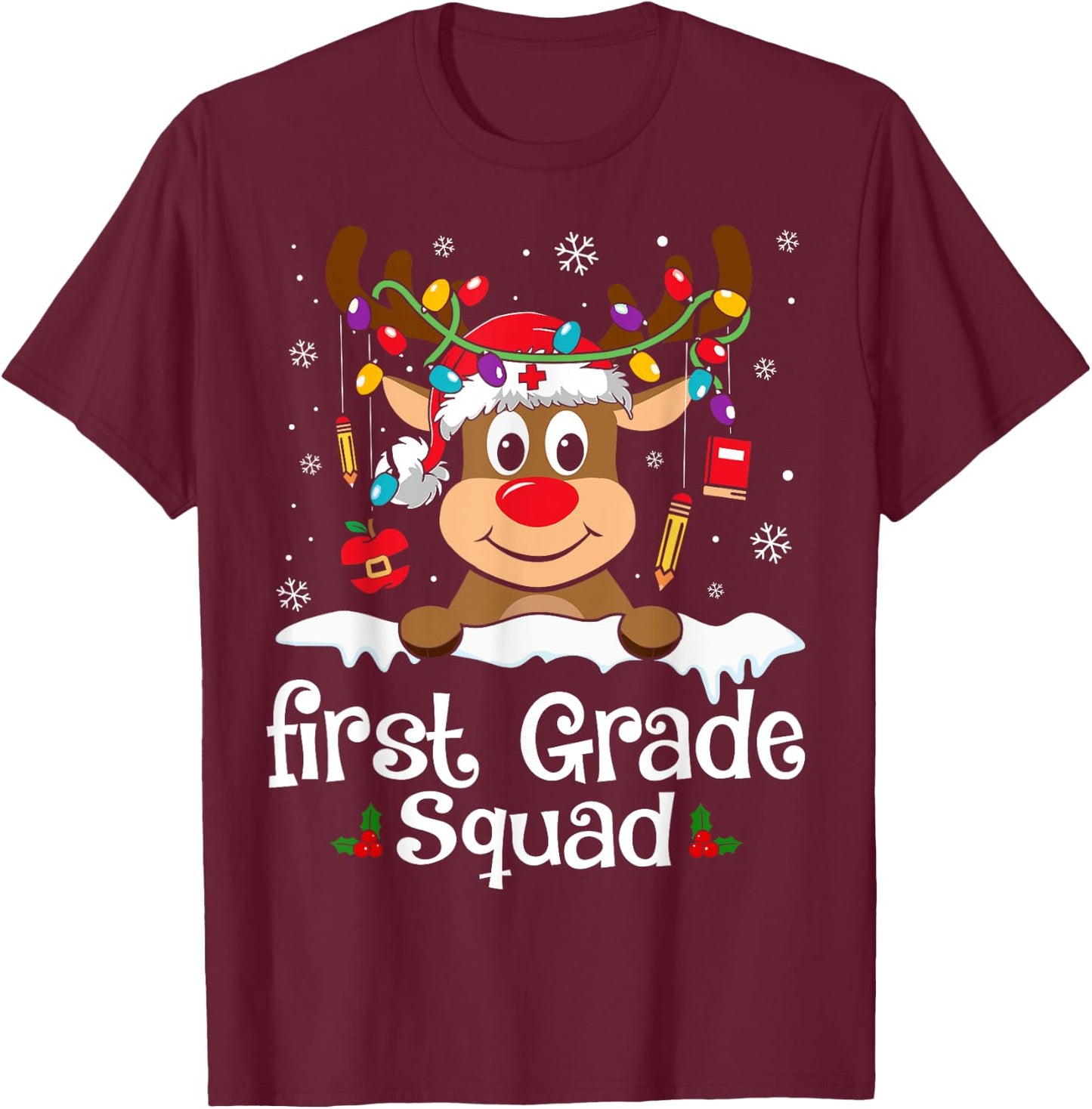 First Grade Teacher Squad Funny Reindeer Teacher Christmas T-Shirt - T-Shirt | Maroon