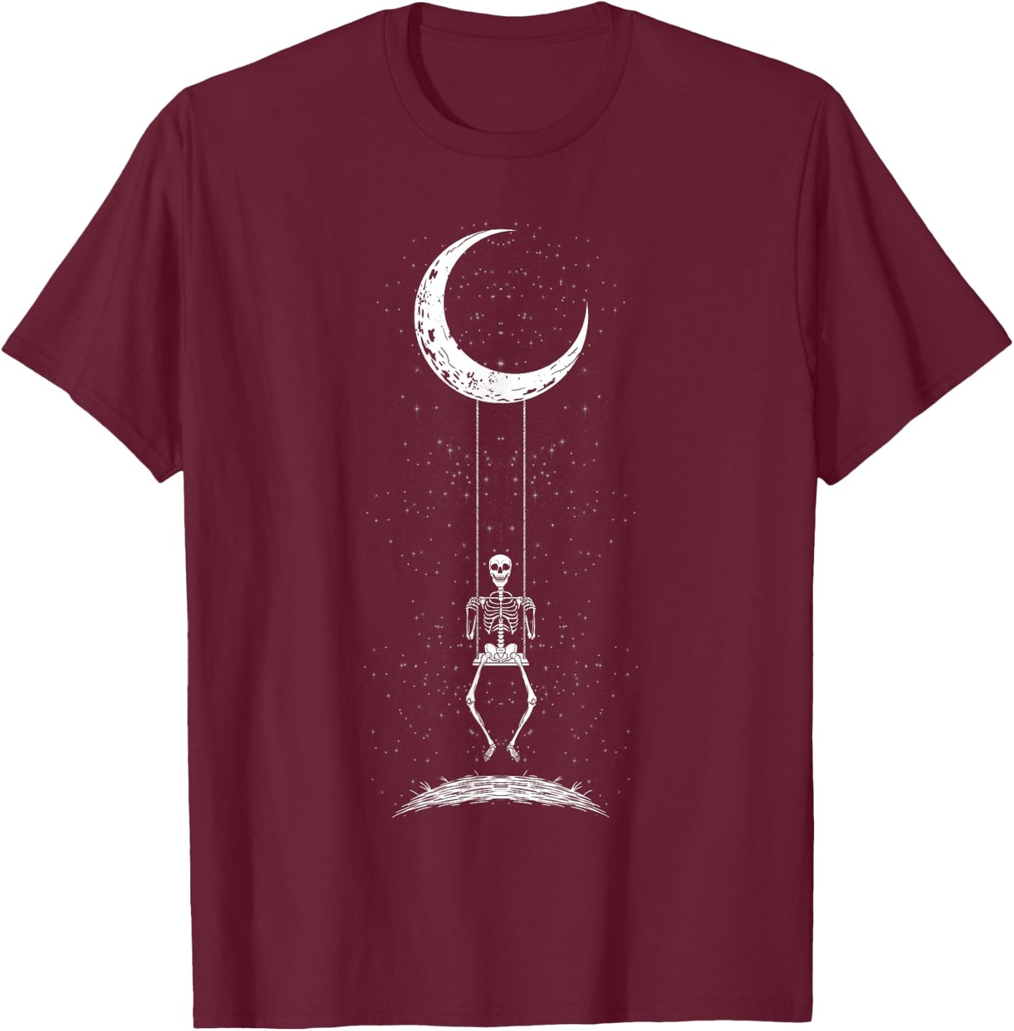 Skeleton Swinging on Moon Gothic Halloween Costume T-Shirt - T-Shirt | Maroon
