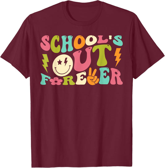 Retro Groovy School's Out Forever Retired Teacher Retirement T-Shirt - T-Shirt | Maroon