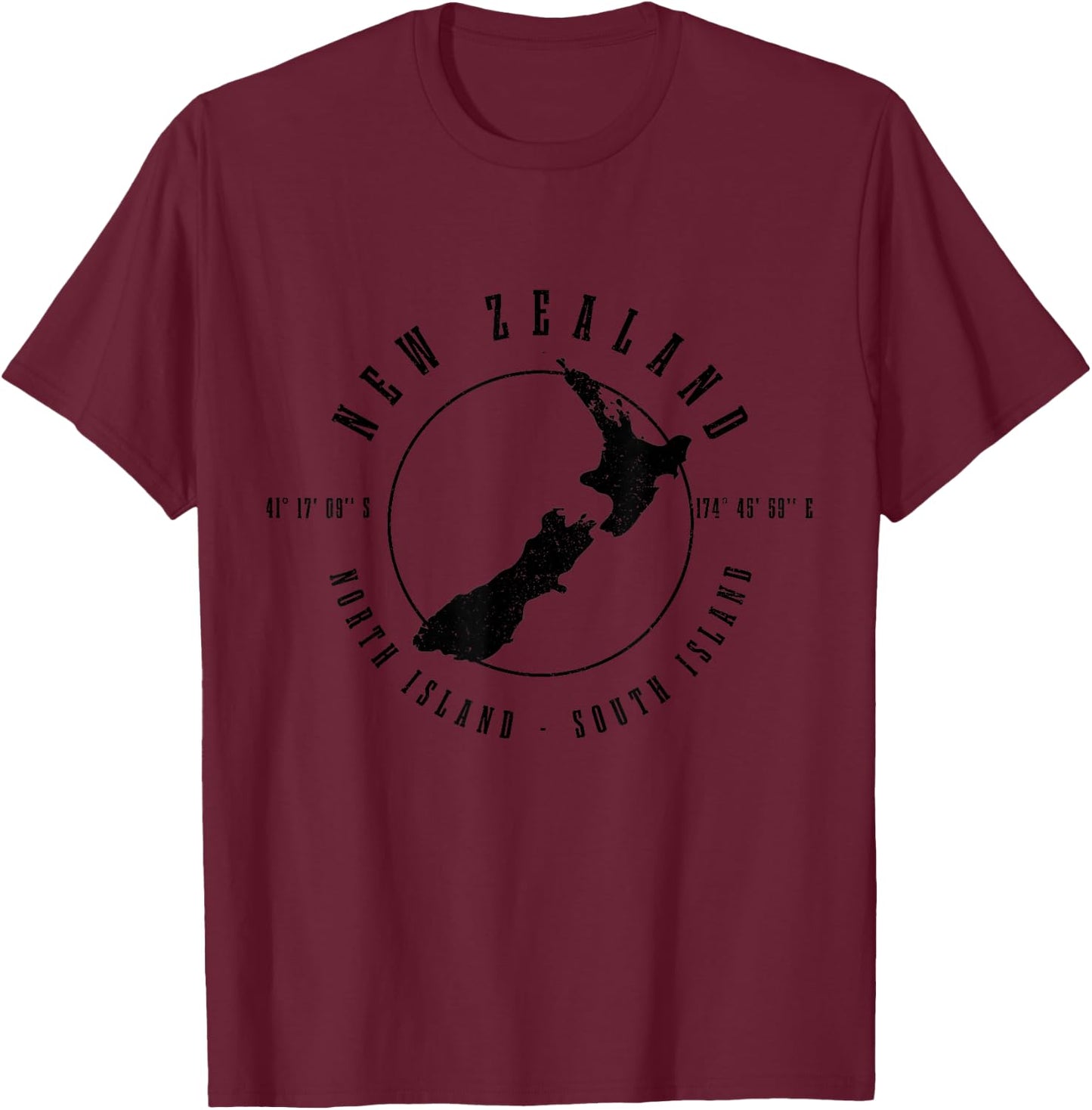 New Zealand Vintage North South Island Map T-Shirt - T-Shirt | Maroon