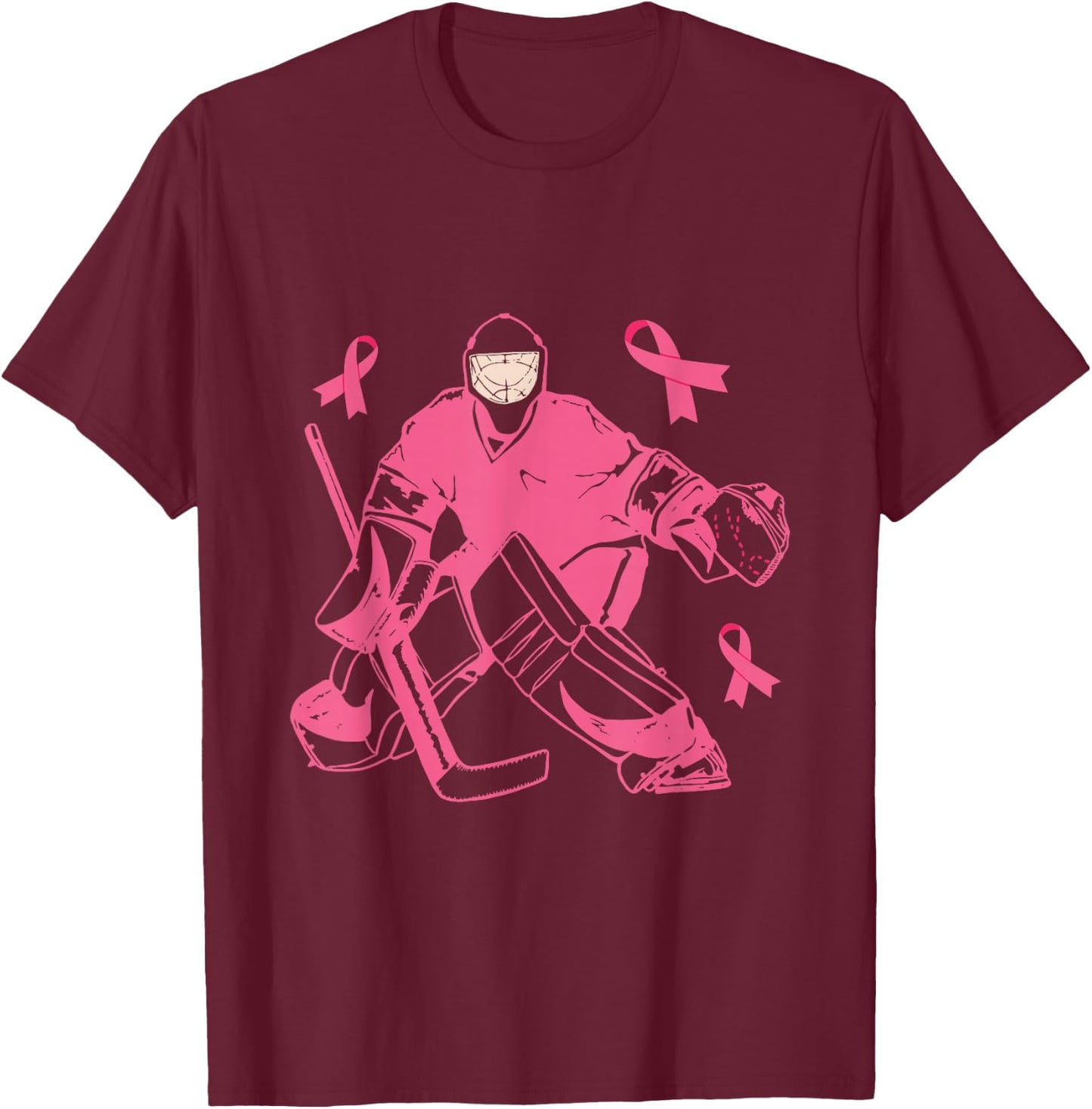 Ice Hockey Keeper Pink Ribbon Breast Cancer Awareness T-Shirt - T-Shirt | Maroon