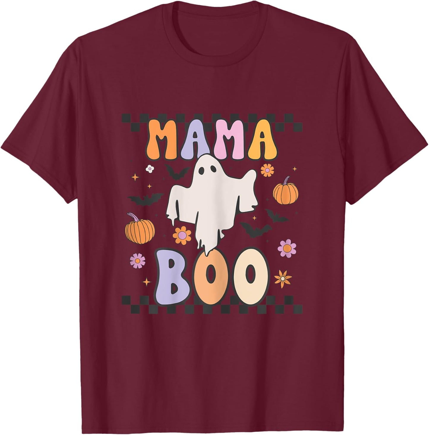 Mama Boo Cute Retro Groovy Ghost Halloween Family Matching T-Shirt - T-Shirt | Maroon