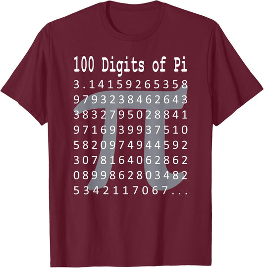Pi Shirt, 100 Digits of Pi, 100 Digits of Pi Symbol Math T-Shirt - T-Shirt | Maroon