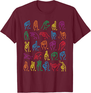 ABC Sign Language Chart Teacher Hand Letter Alphabet ASL T-Shirt - T-Shirt | Maroon