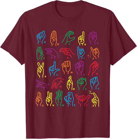 ABC Sign Language Chart Teacher Hand Letter Alphabet ASL T-Shirt - T-Shirt | Maroon