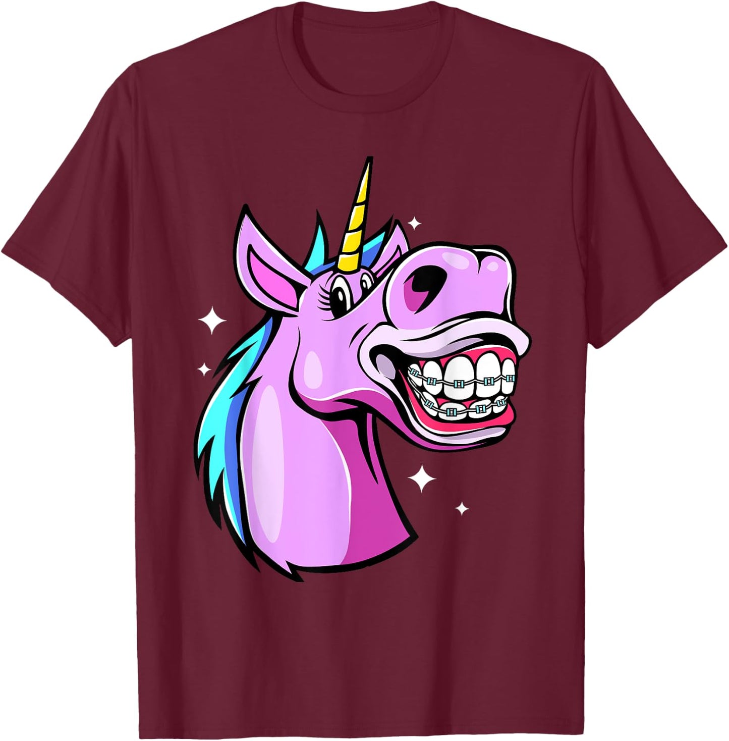 Unicorn With Braces For Girls Funny Orthodontist Dentist T-Shirt - T-Shirt | Maroon