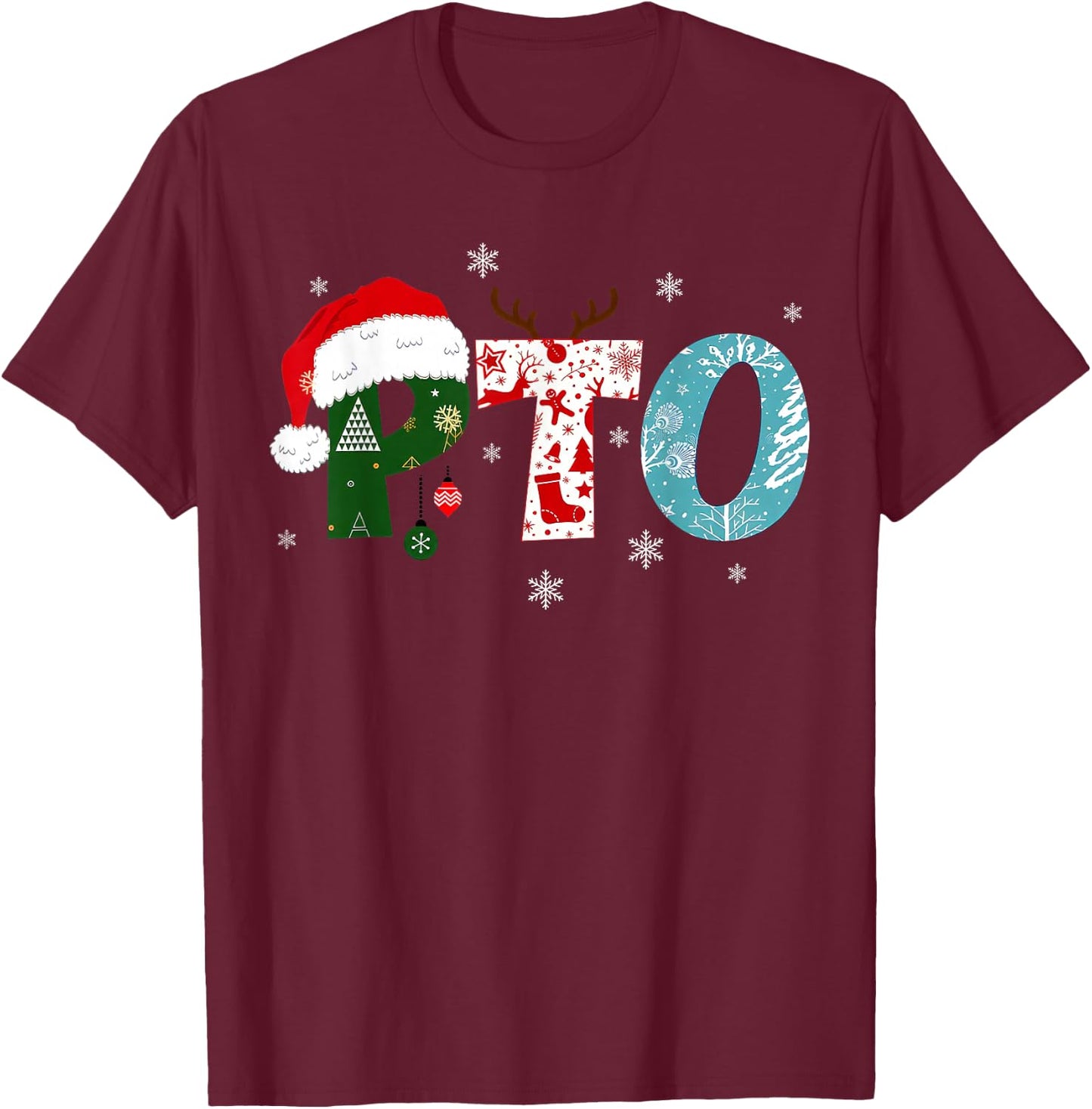 PTO Santa Hat Reindeer Parent Teacher Organization Christmas T-Shirt - T-Shirt | Maroon