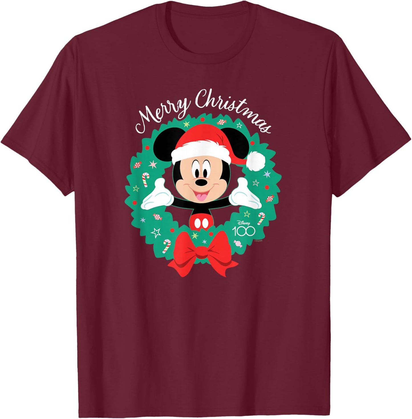 Disney 100 Mickey Mouse Merry Christmas Wreath Holiday D100 T-Shirt - T-Shirt | Maroon