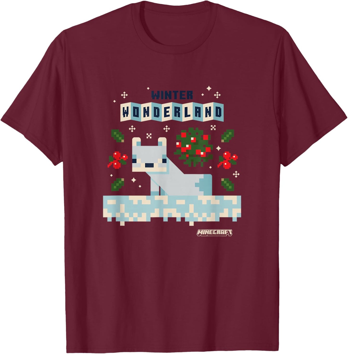 Minecraft Christmas Winter Wonderland Cute Snow Fox Shot T-Shirt - T-Shirt | Maroon