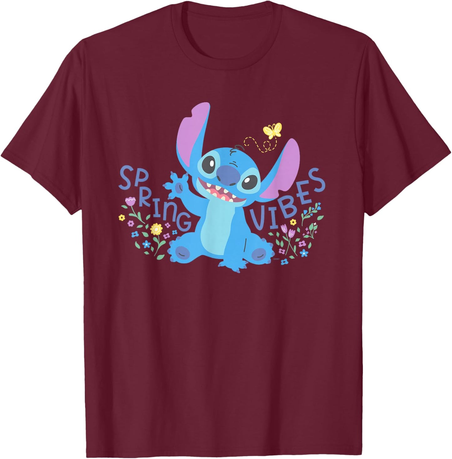 Disney Stitch with Flowers & Butterfly Easter Spring Vibes T-Shirt - T-Shirt | Maroon