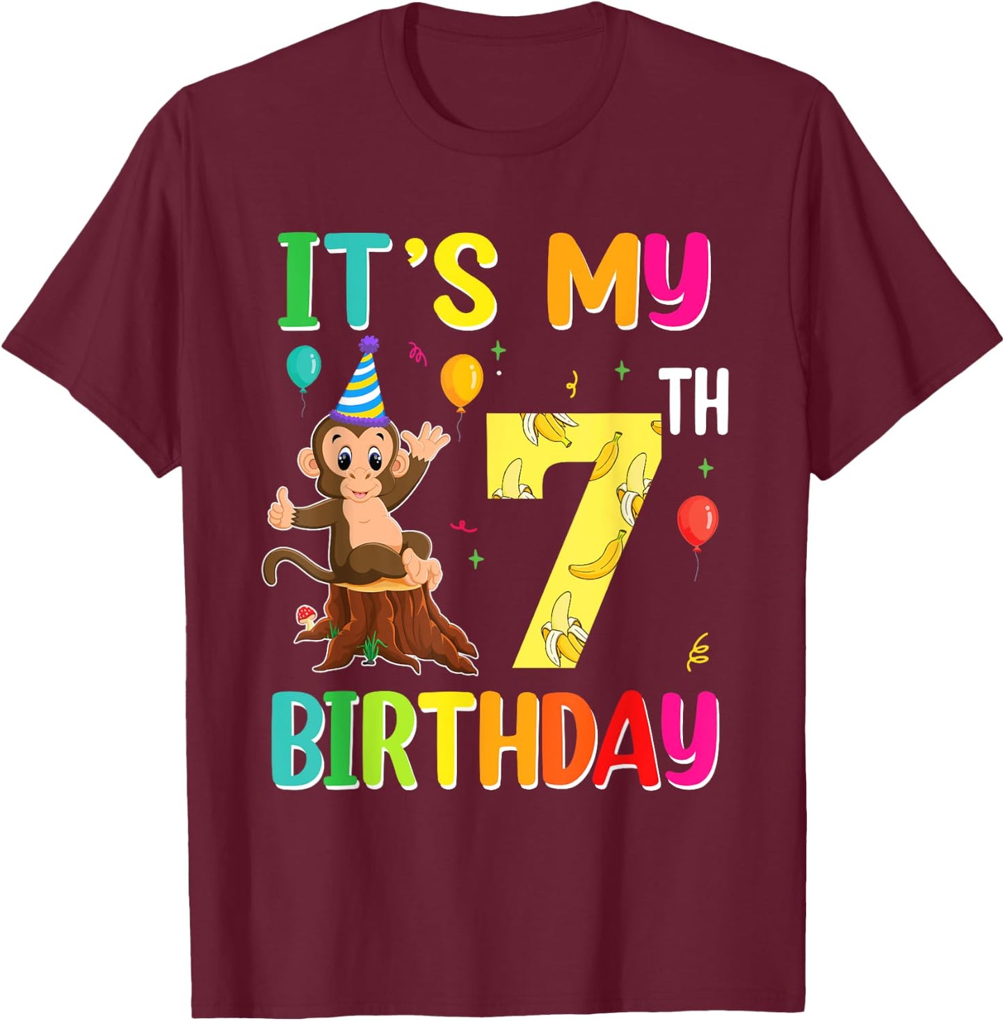 It's My 7th Birthday Monkey 7 Year Old Boy Girl T-Shirt - T-Shirt | Maroon