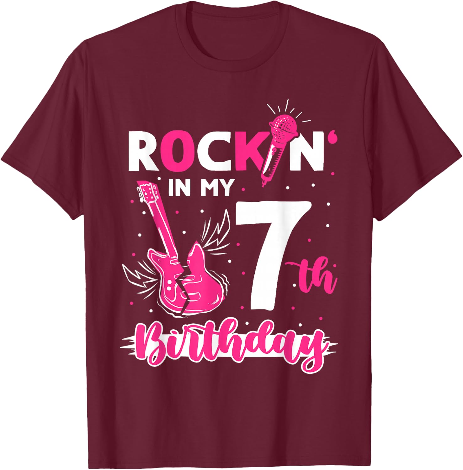 Girls Rockstar Birthday Rock Star Themed Guitar 7th Birthday T-Shirt - T-Shirt | Maroon