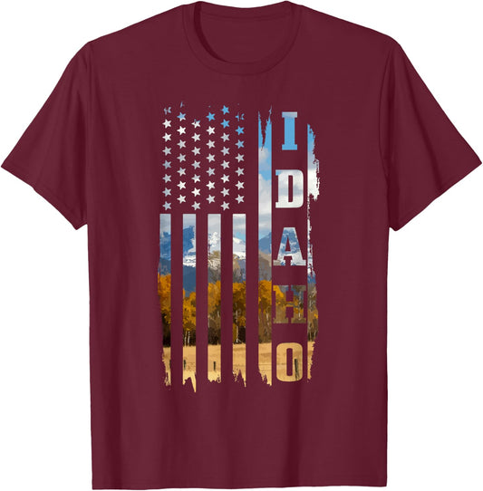 Idaho Patriotic American Flag Vintage Nature Hiking T-Shirt - T-Shirt | Maroon