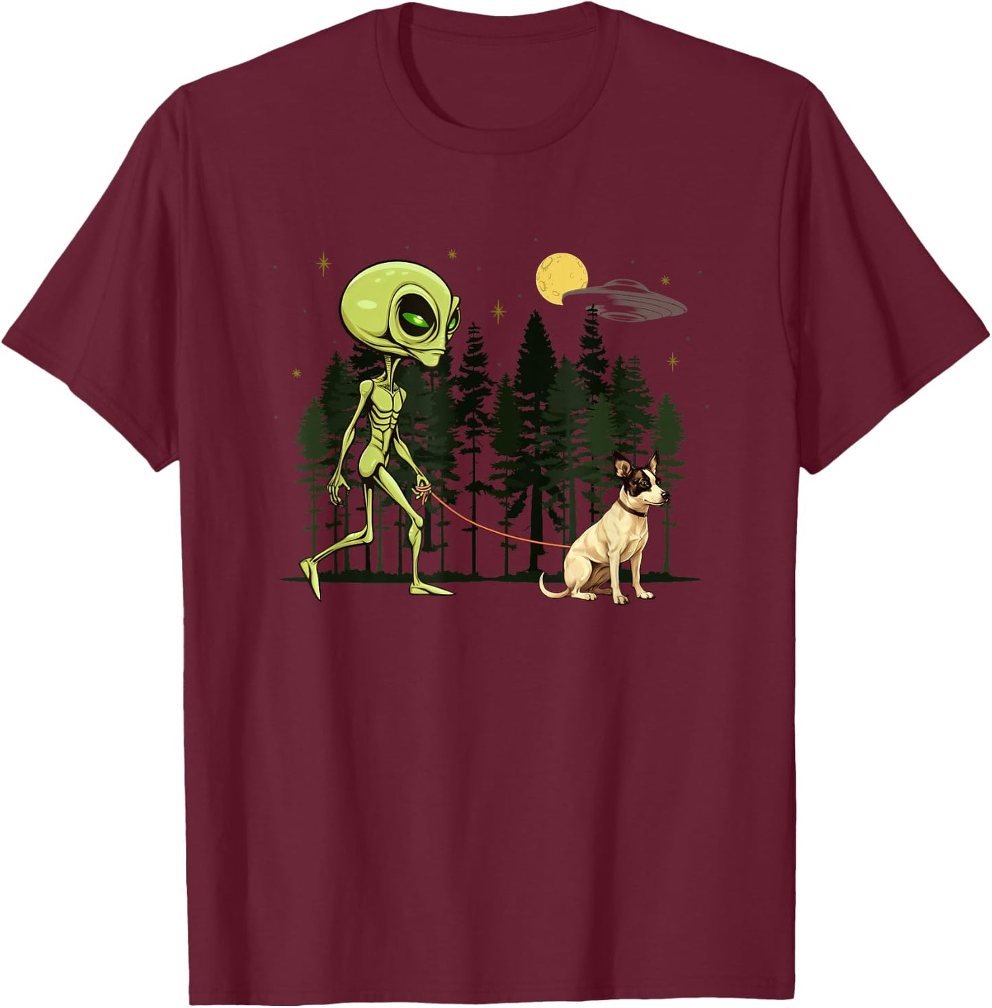 Funny Rat Terrier Alien Walking UFO Pet Dog Mom Dad Women Kids T-Shirt - T-Shirt | Maroon